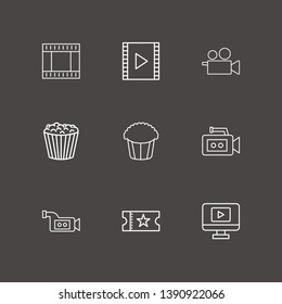 Outline 9 cinema icon set. popcorn, film strip, monitor with media player and video camera vector illustration