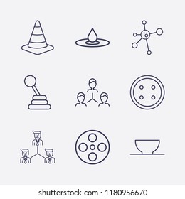 Outline 9 circle icon set. bowl, dress button, movie roll, drop, road traffic, hub and spoke, teamwork and speed shifter vector illustration