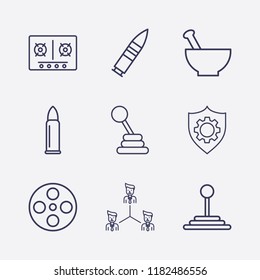Outline 9 circle icon set. teamwork, speed shifter, movie roll, bullet, gas stove, shield setting and bowl vector illustration