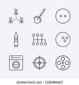 Outline 9 circle icon set. speed shifter, aim, washing machine, movie roll, dress button, bullet, teamwork, pizza cutter and bowling ball vector illustration
