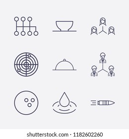 Outline 9 Circle Icon Set. Teamwork, Radar, Bullet, Dish, Drop, Bowling Ball, Bowl And Speed Shifter Vector Illustration