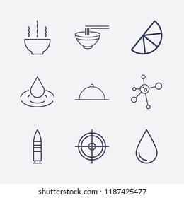 Outline 9 circle icon set. bullet, dish, hub and spoke, bowl, lemon, drop and aim vector illustration