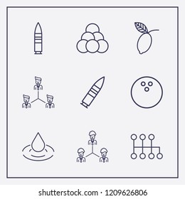 Outline 9 Circle Icon Set. Bowling Ball, Teamwork, Drop And Bullet Vector Illustration