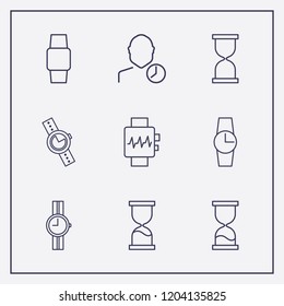 Outline 9 clock icon set. watch, user clock, sand glass and wrist watch vector illustration