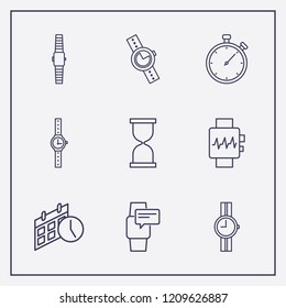 Outline 9 clock icon set. smart watch chat, calendar time, sand glass and wrist watch vector illustration