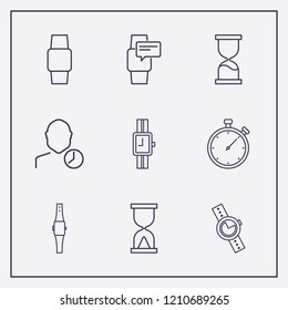 Outline 9 clock icon set. sand glass, wrist watch, stopwatch and user clock vector illustration