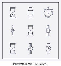 Outline 9 clock icon set. wrist watch, stopwatch, sand glass and watch vector illustration