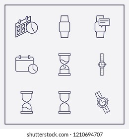 Outline 9 clock icon set. wrist watch, smart watch, smart watch chat and sand glass vector illustration