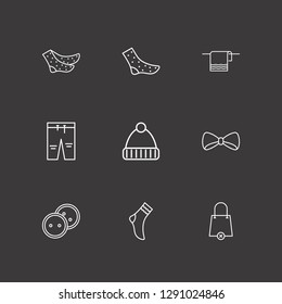 Outline 9 cloth icon set. sock, dress button, towel and bow tie vector illustration