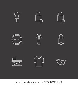 Outline 9 cloth icon set. tie, dress button, t shirt and shopping bag remove vector illustration