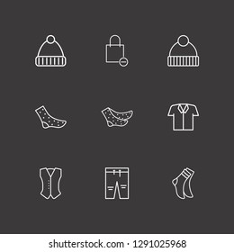 Outline 9 cloth icon set. shopping bag remove, sock, pant and shirt vector illustration