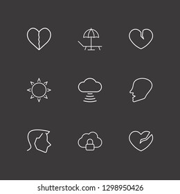 Outline 9 cloud icon set. sun, broken heart, cloud lock and cloud signal vector illustration