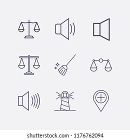 Outline 9 coast icon set. broom, balance, sound, lighthouse and add location vector illustration