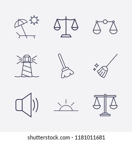 Outline 9 coast icon set. sound, broom, beach, lighthouse, sunset and balance vector illustration