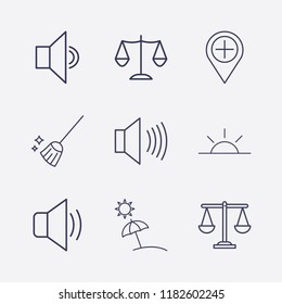 Outline 9 coast icon set. beach, broom, add location, sunset, balance and sound vector illustration