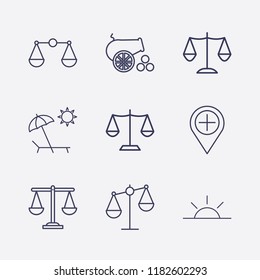 Outline 9 coast icon set. balance, beach, sunset, cannon and add location vector illustration