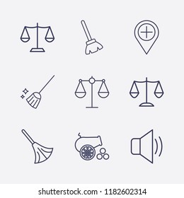 Outline 9 coast icon set. balance, sound, add location, broom and cannon vector illustration