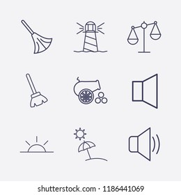Outline 9 coast icon set. sound, sunset, lighthouse, broom, cannon, beach and balance vector illustration