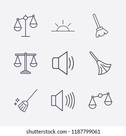 Outline 9 coast icon set. balance, sound, sunset and broom vector illustration