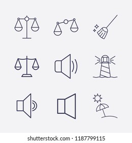 Outline 9 coast icon set. lighthouse, beach, balance, broom and sound vector illustration