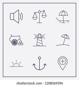 Outline 9 coast icon set. beach, anchor, sunset and lighthouse vector illustration