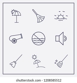 Outline 9 coast icon set. umbrella beach, broom, sound and beach vector illustration