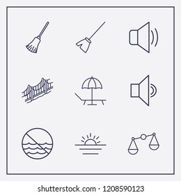 Outline 9 coast icon set. forbidden sea, sound, beach and broom vector illustration