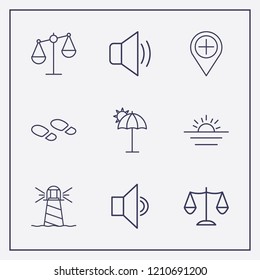 Outline 9 coast icon set. lighthouse, sound, balance and add location vector illustration