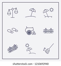 Outline 9 coast icon set. golden gate bridge, beach, footprint and broom vector illustration