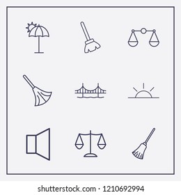 Outline 9 coast icon set. umbrella beach, sound, balance and sunset vector illustration