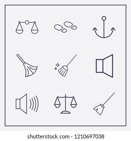 Outline 9 coast icon set. anchor, broom, footprint and balance vector illustration