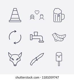 Outline 9 cold icon set. sock, fox, ice cream, soldier knife, water crane, cone, beer, refresh and lovers vector illustration