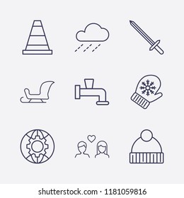 Outline 9 cold icon set. water crane, winter hat, raining, sleigh, cone, winter glove, globe setting, lovers and sword vector illustration
