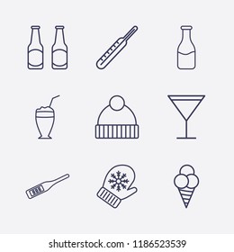 Outline 9 cold icon set. digital thermometer, cocktail, winter hat, ice cream, winter glove, medicine thermometer, beer bottle and milk bottle vector illustration