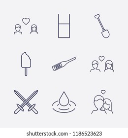Outline 9 cold icon set. ice cream, shovel, lovers, water glasses, drop, sword and digital thermometer vector illustration