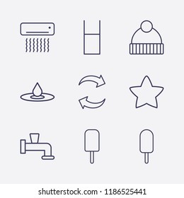 Outline 9 cold icon set. drop, ice cream, star, air conditioning, water glasses, water crane, refresh and winter hat vector illustration