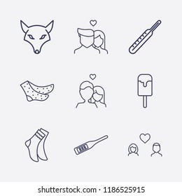 Outline 9 cold icon set. lovers, digital thermometer, sock, medicine thermometer, ice cream and fox vector illustration