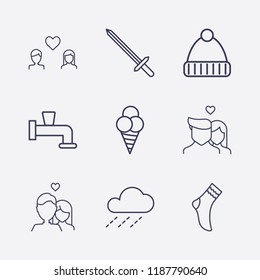 Outline 9 cold icon set. sword, water crane, raining, sock, lovers, winter hat and ice cream vector illustration