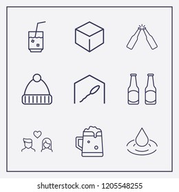 Outline 9 cold icon set. drop, winter hat, cocktail and cube vector illustration