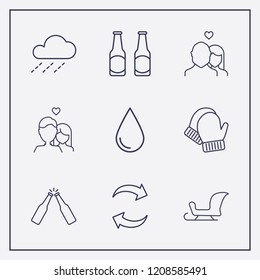 Outline 9 cold icon set. refresh, sleigh, raining and beer bottle vector illustration