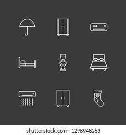 Outline 9 comfort icon set. bed, wardrobe, winter sock and air conditioning vector illustration
