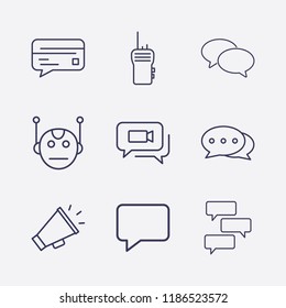 Outline 9 communicate icon set. chat bubble, credit card chat, video chat, megaphone, bubble chat, bot and walkie talkie vector illustration
