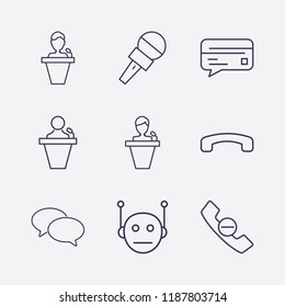 Outline 9 communicate icon set. microphone, handset remove, bot, credit card chat, speaker human, bubble chat and handset down vector illustration