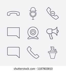 Outline 9 communicate icon set. megaphone, chat, handset down, speaker human, handset remove, handset, web camera and microphone vector illustration
