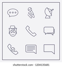 Outline 9 communicate icon set. handset check, chat, microphone and satellite antenna vector illustration