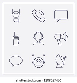 Outline 9 communicate icon set. walkie talkie, satellite antenna, megaphone and bot vector illustration
