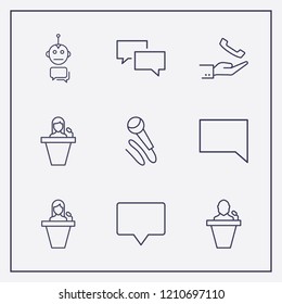 Outline 9 communicate icon set. chat, microphone, chat bot and hand with handset vector illustration