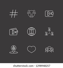 Outline 9 community icon set. world, networking, ethereum location and bitcoin wallet vector illustration