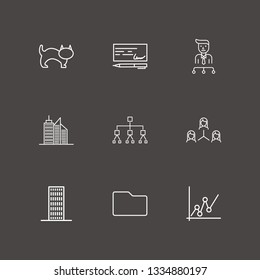 Outline 9 company icon set. cat, analytics chart, organization and teamwork vector illustration