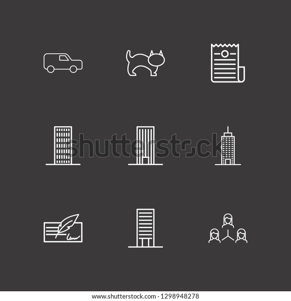 Outline 9 company icon set. teamwork,\
building, cat and money check vector\
illustration